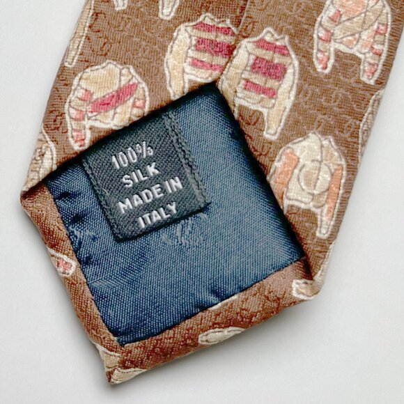 VINTAGE NWT CHANEL Silk Tie Brown Yellow Horse Race Jockey Shirts Silks Jacquard - Picture 3 of 3